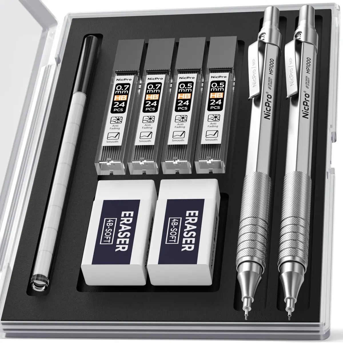 Nicpro MP1000 Series Metal Mechanical Pencil Set 0.5mm & 0.7mm with Case | Full Metal Body, 96PCS Lead Refills, Comfortable Grip - main product image