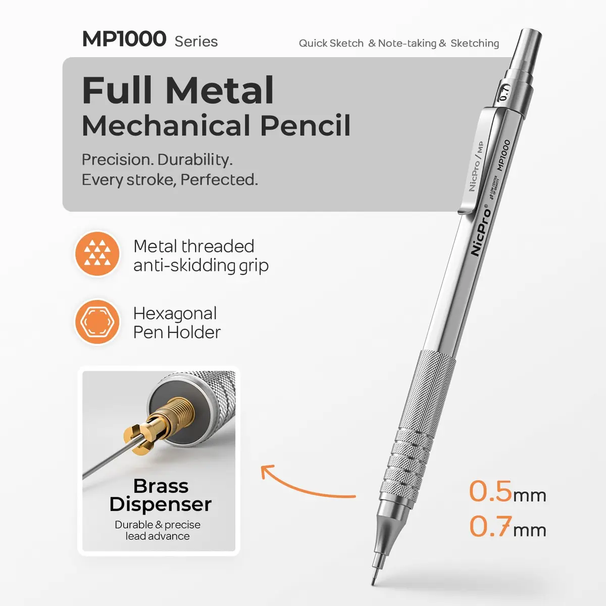 Nicpro MP1000 Series Metal Mechanical Pencil Set 0.5mm & 0.7mm with Case | Full Metal Body, 96PCS Lead Refills, Comfortable Grip - view 2