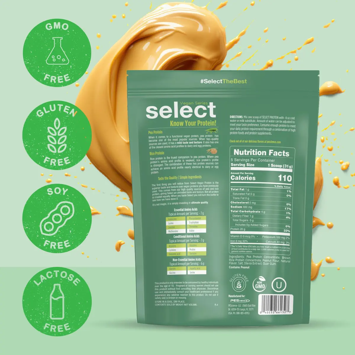 PEScience Select Vegan Protein Powder, Peanut Butter Delight, 5 Servings | Plant-Based, Dairy & Gluten Free, 160g - view 6