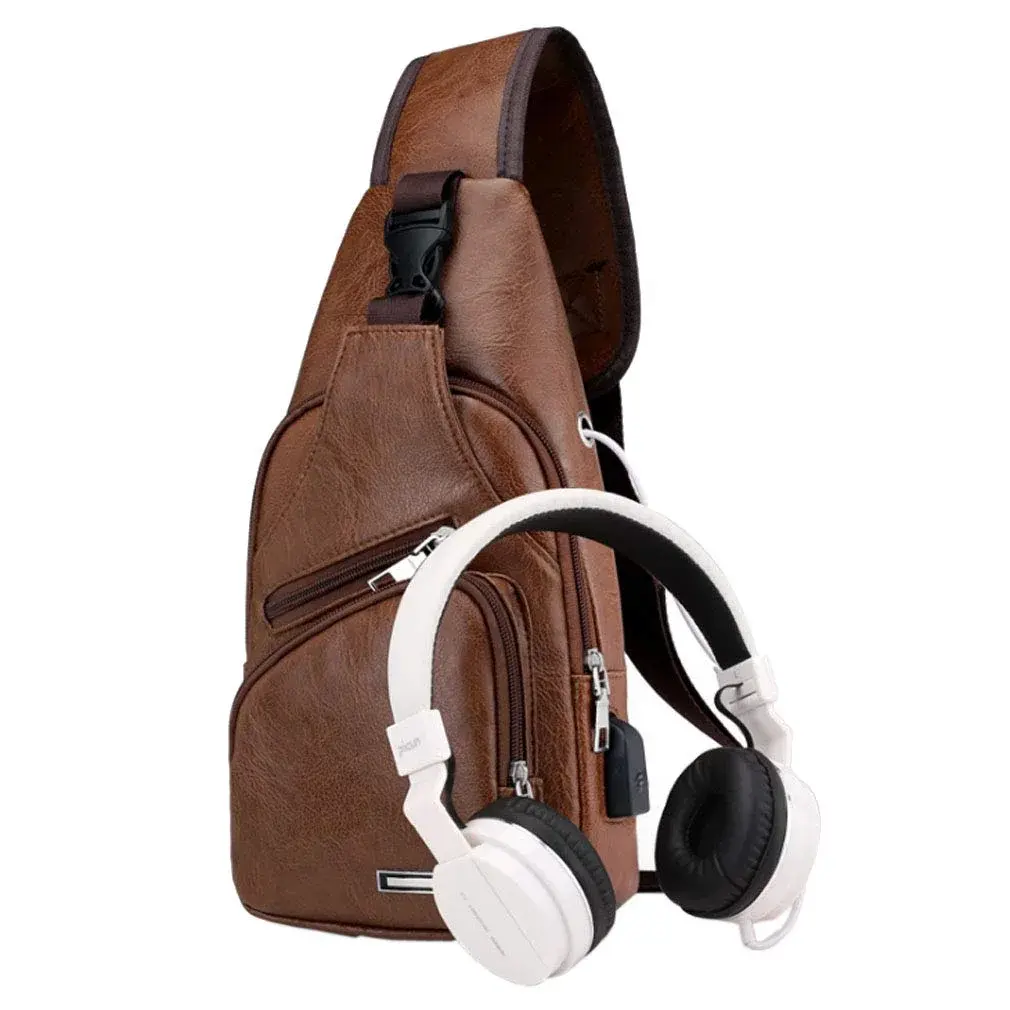 Hebetag PU Leather Sling Crossbody Bag 17cm (6.7") x 35cm (13.8") | Vintage Style with USB Port & Headphone Plug - view 4