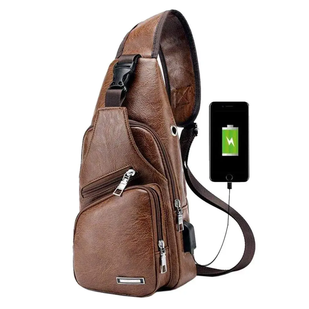 Hebetag PU Leather Sling Crossbody Bag 17cm (6.7") x 35cm (13.8") | Vintage Style with USB Port & Headphone Plug - main product image
