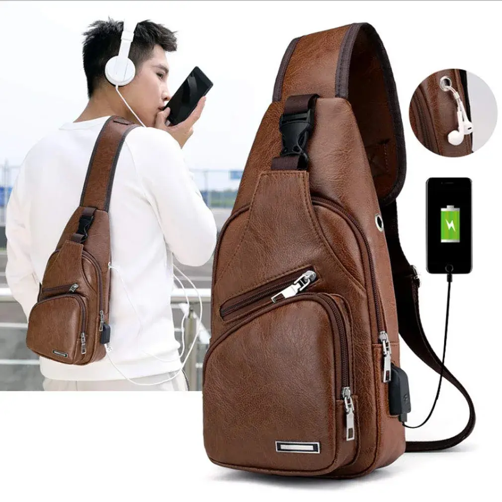 Hebetag PU Leather Sling Crossbody Bag 17cm (6.7") x 35cm (13.8") | Vintage Style with USB Port & Headphone Plug - view 7