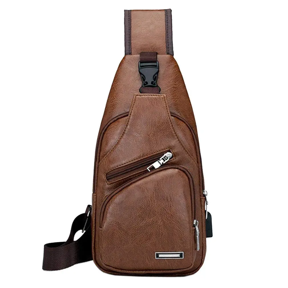 Hebetag PU Leather Sling Crossbody Bag 17cm (6.7") x 35cm (13.8") | Vintage Style with USB Port & Headphone Plug - view 2