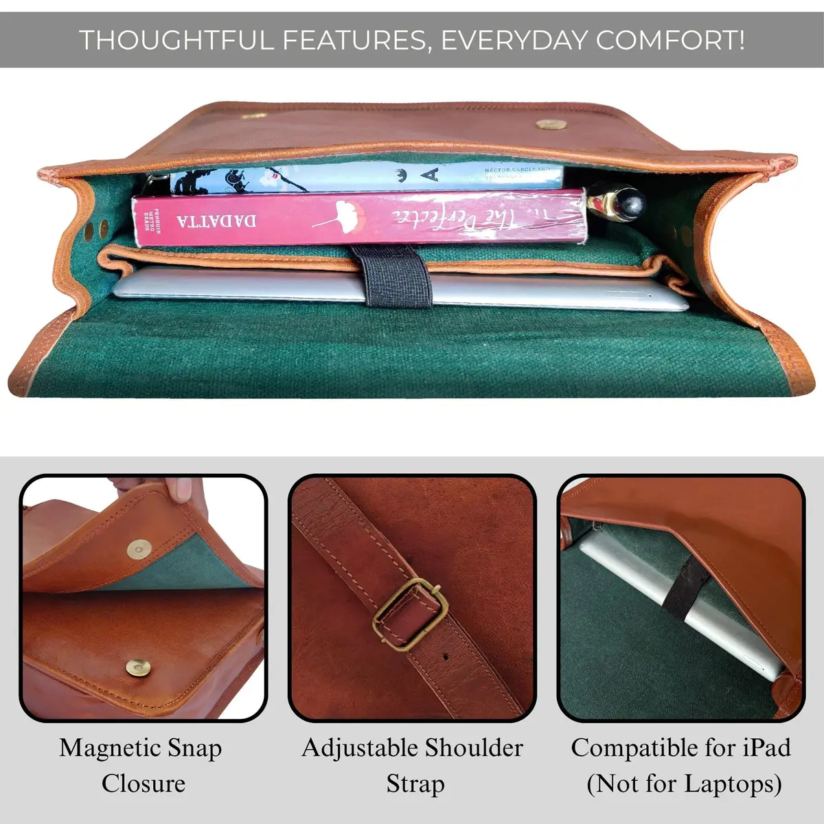 RUSTIC TOWN Leather Messenger Bag for 10.5-Inch iPad/Tablet - Small Shoulder Saddle Bag | Retro Brown Full Grain Goat Leather - view 5
