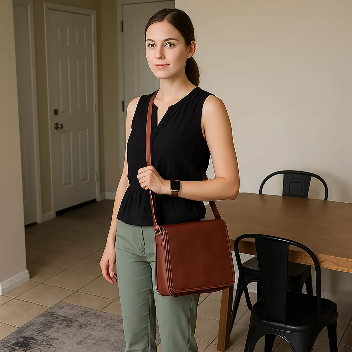 RUSTIC TOWN Leather Messenger Bag for 10.5-Inch iPad/Tablet - Small Shoulder Saddle Bag | Retro Brown Full Grain Goat Leather - view 2