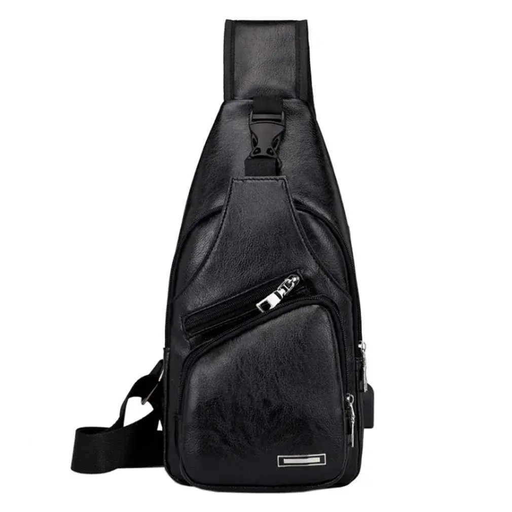 Hebetag Leather Sling Crossbody Bag for Men Women, Black 17cm x 35cm x 6cm | Vintage PU Leather Daypack with USB Port - main product image