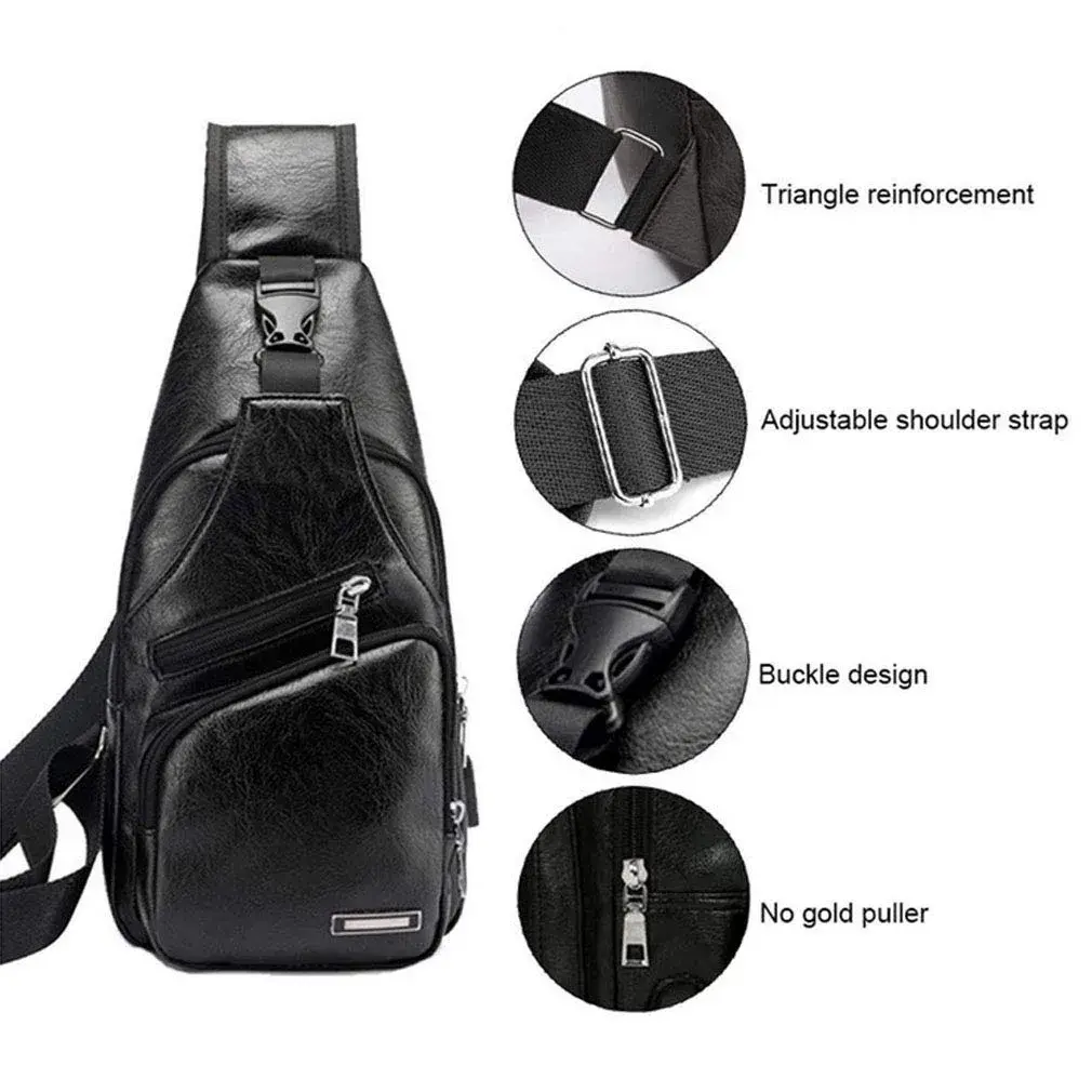 Hebetag Leather Sling Crossbody Bag for Men Women, Black 17cm x 35cm x 6cm | Vintage PU Leather Daypack with USB Port - view 5