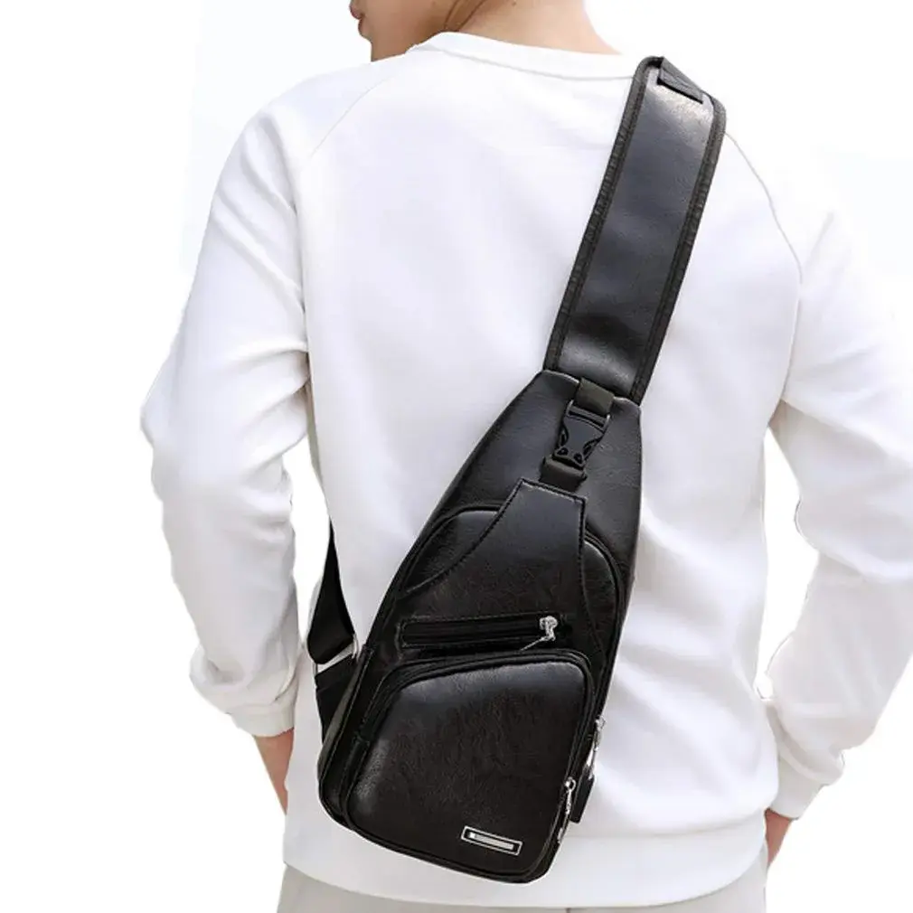 Hebetag Leather Sling Crossbody Bag for Men Women, Black 17cm x 35cm x 6cm | Vintage PU Leather Daypack with USB Port - view 6