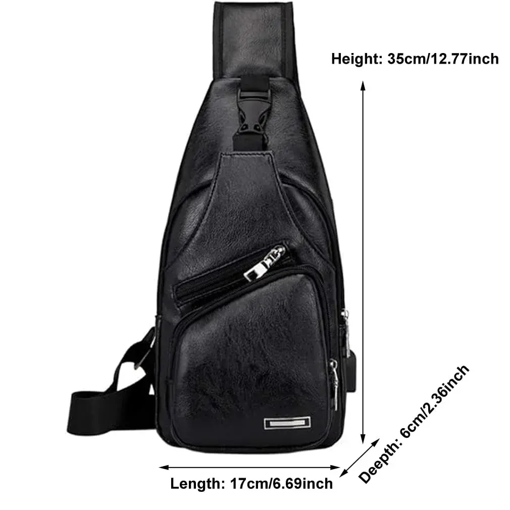 Hebetag Leather Sling Crossbody Bag for Men Women, Black 17cm x 35cm x 6cm | Vintage PU Leather Daypack with USB Port - view 7