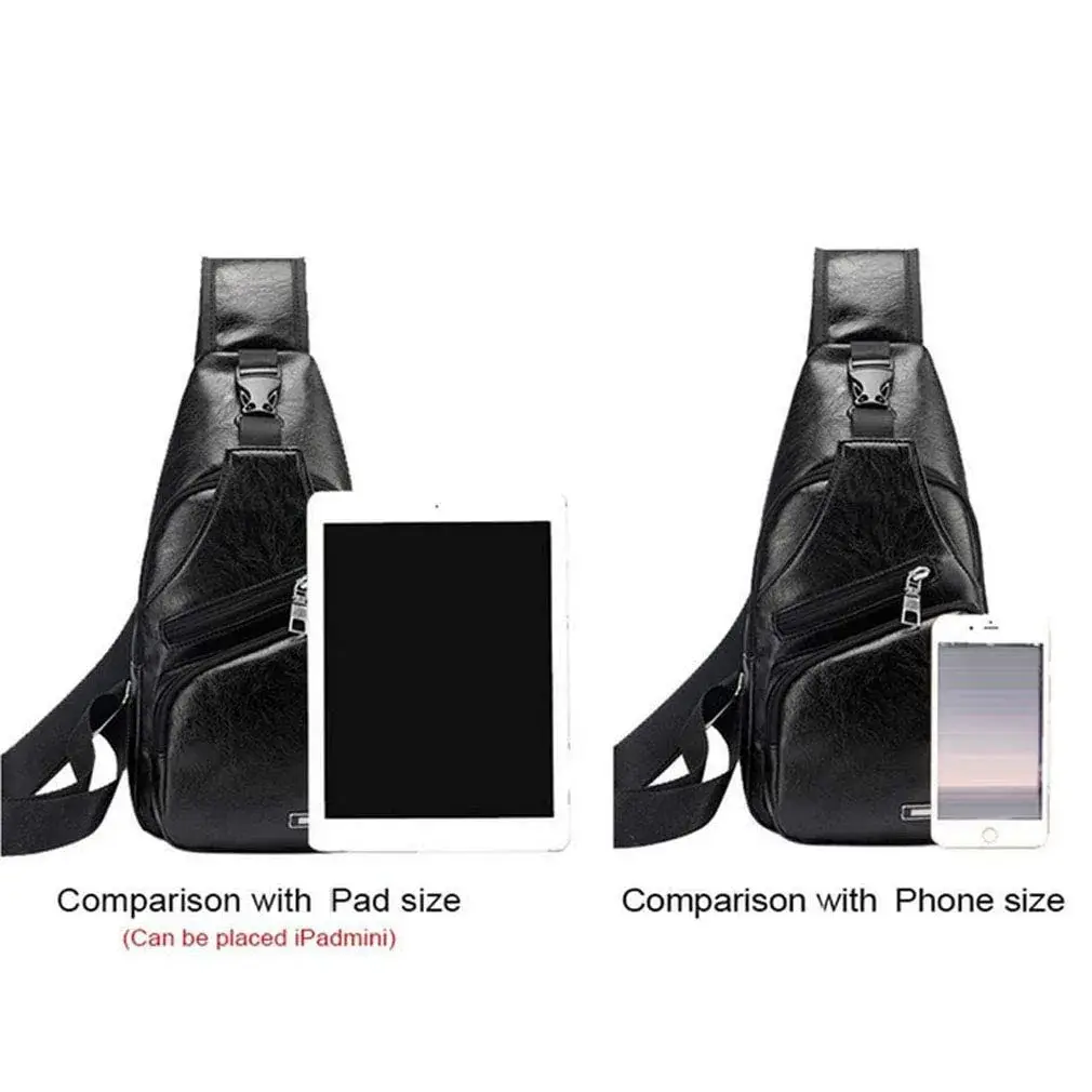 Hebetag Leather Sling Crossbody Bag for Men Women, Black 17cm x 35cm x 6cm | Vintage PU Leather Daypack with USB Port - view 8