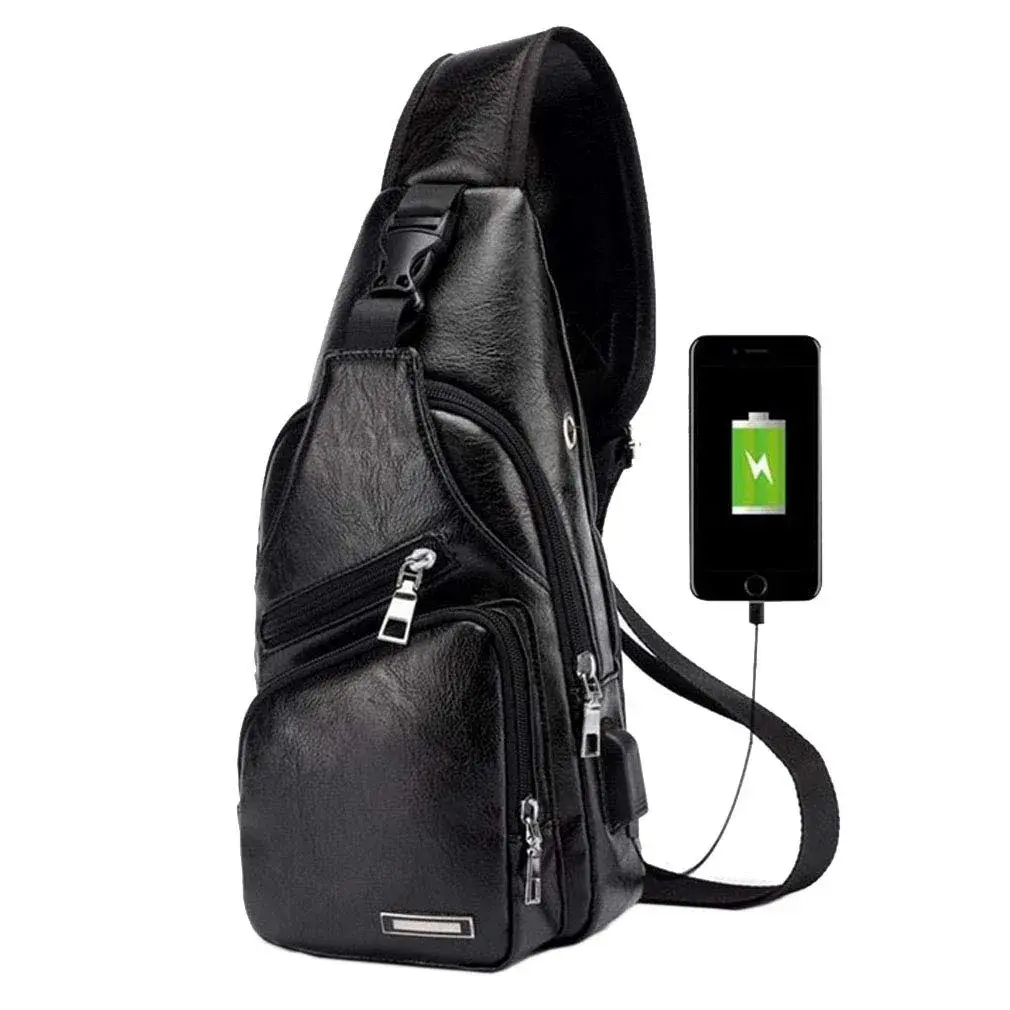 Hebetag Leather Sling Crossbody Bag for Men Women, Black 17cm x 35cm x 6cm | Vintage PU Leather Daypack with USB Port - view 2