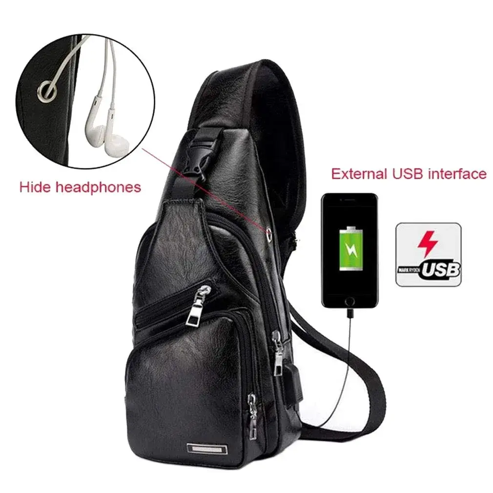 Hebetag Leather Sling Crossbody Bag for Men Women, Black 17cm x 35cm x 6cm | Vintage PU Leather Daypack with USB Port - view 3