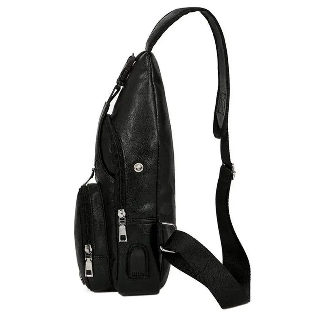 Hebetag Leather Sling Crossbody Bag for Men Women, Black 17cm x 35cm x 6cm | Vintage PU Leather Daypack with USB Port - view 4
