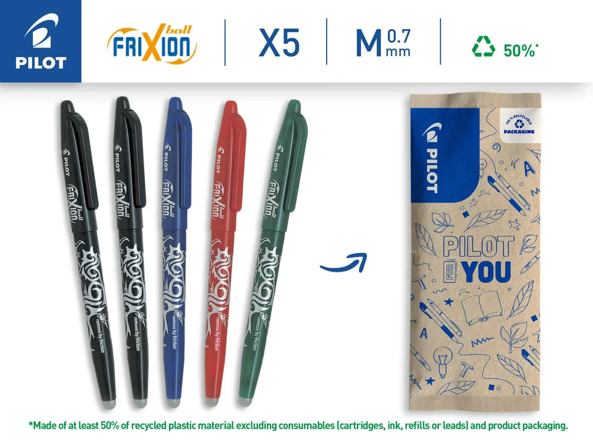 Pilot FriXion Erasable Rollerball Pen 0.7mm Tip - 5 Pens (2 Black, 1 Blue, 1 Red, 1 Green) | Smooth Ink Flow - view 2