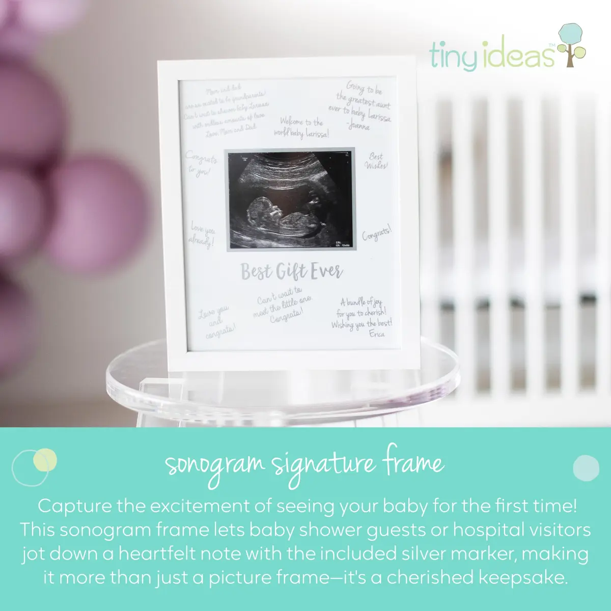 tiny ideas Guest Signature Sonogram Keepsake Frame with Silver Marker & Easel | Holds 4" x 5" Ultrasound Photo - view 3