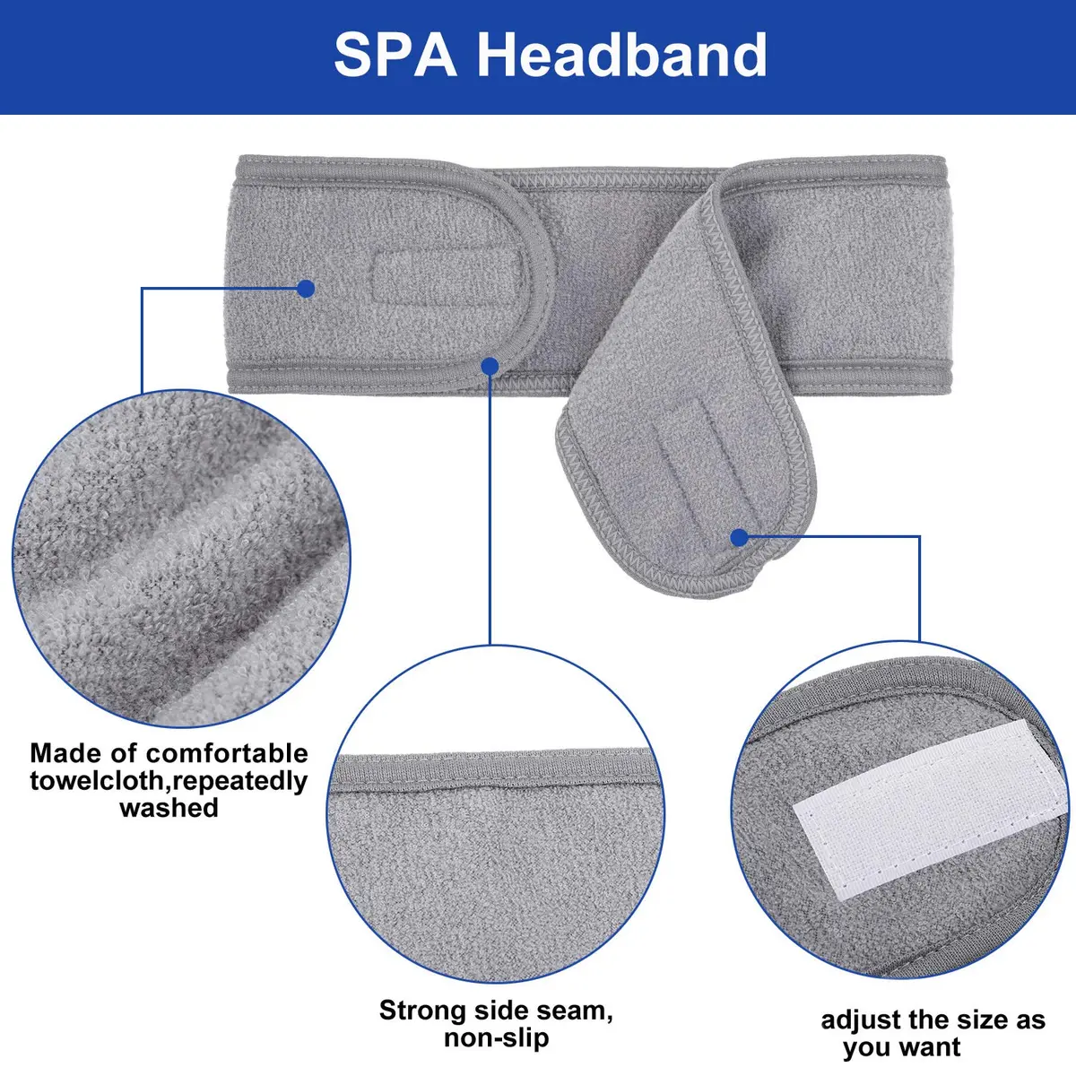 Whaline Gray Spa Headband for Women | Adjustable Terry Cloth Hair Wrap for Facial & Bath - view 3