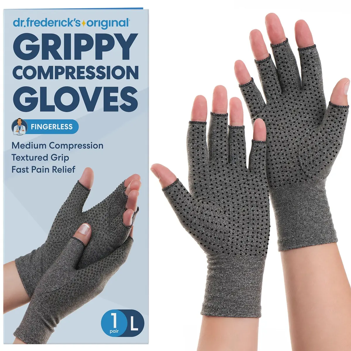 Dr. Frederick's Original Grippy Compression Gloves, Fingerless, L | Targeted Arthritis & Support - main product image