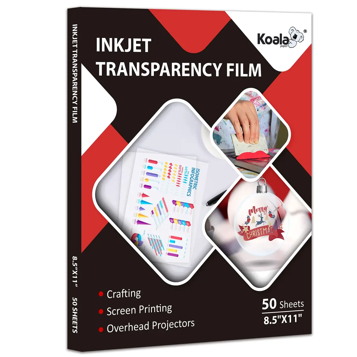 Koala Inkjet Transparency Film Clear Acetate Sheets for Crafts, 50 Sheets | 100% Transparent, Compatible with Inkjet Printers, 8.5x11 Inches - main product image
