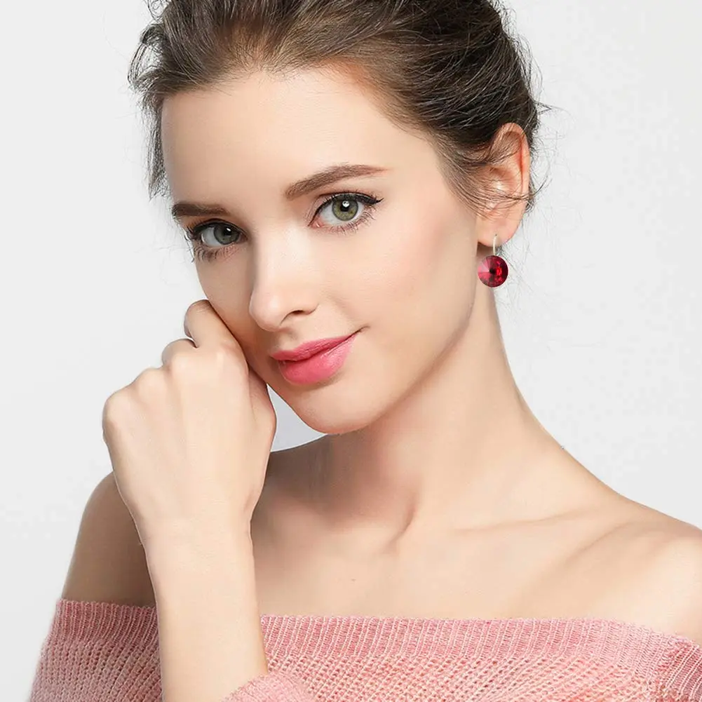 EVEVIC Austrian Crystal Round Drop Leverback Earrings for Women | 14mm Diameter, 25mm Length - view 2