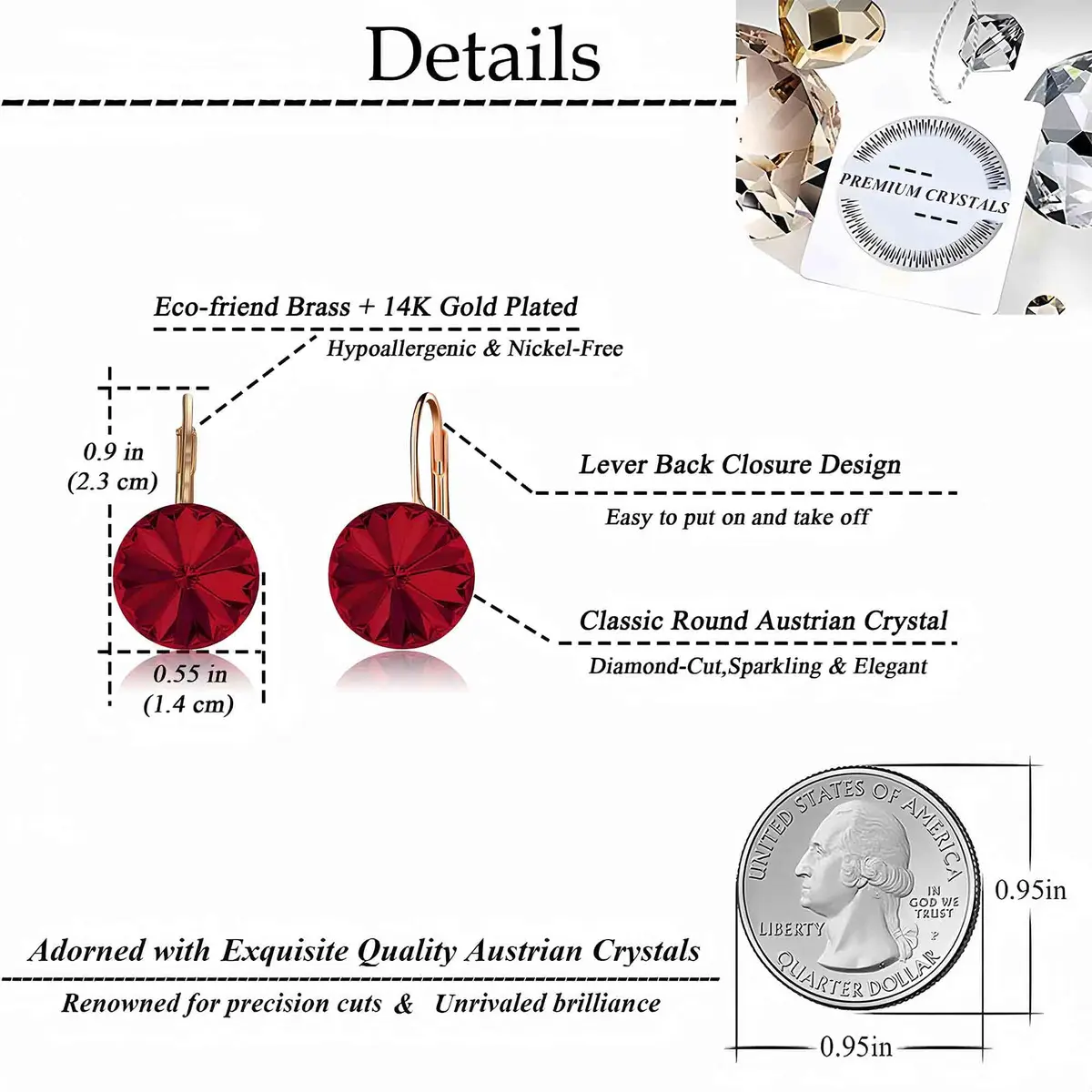 EVEVIC Austrian Crystal Round Drop Leverback Earrings for Women | 14mm Diameter, 25mm Length - view 4