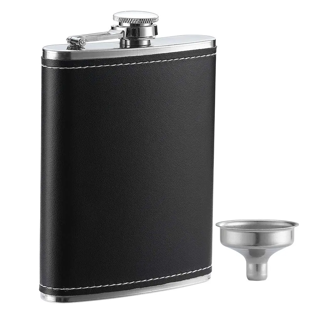 YWQ 8 Oz (237ml) Black Leather Cover Hip Flask with Funnel | Leak Proof Stainless Steel Liquor Flask - main product image