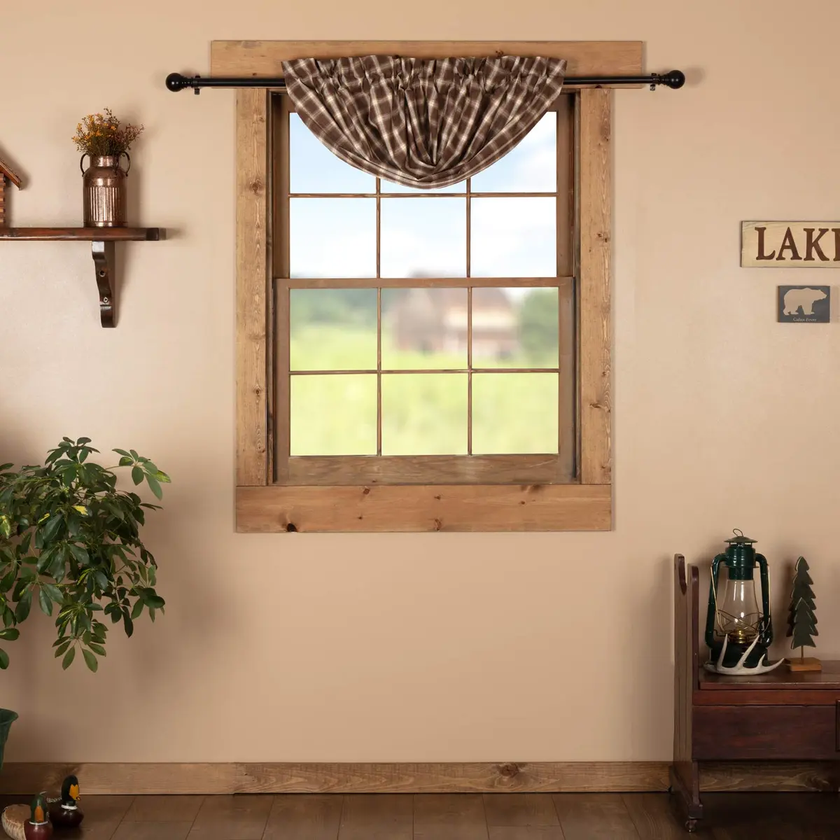 VHC Brands Rustic Kitchen Rory Rod Pocket Cotton Plaid Curtain, Balloon Valance 15x60, Brown | Cozy, Rustic Style with Light Filtering - main product image