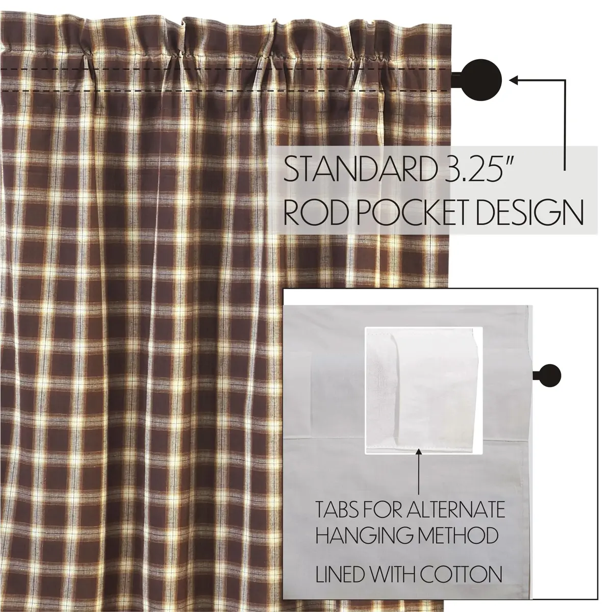 VHC Brands Rustic Kitchen Rory Rod Pocket Cotton Plaid Curtain, Balloon Valance 15x60, Brown | Cozy, Rustic Style with Light Filtering - view 5