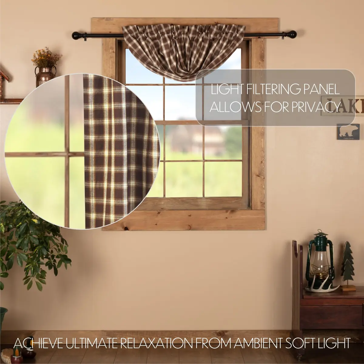 VHC Brands Rustic Kitchen Rory Rod Pocket Cotton Plaid Curtain, Balloon Valance 15x60, Brown | Cozy, Rustic Style with Light Filtering - view 3