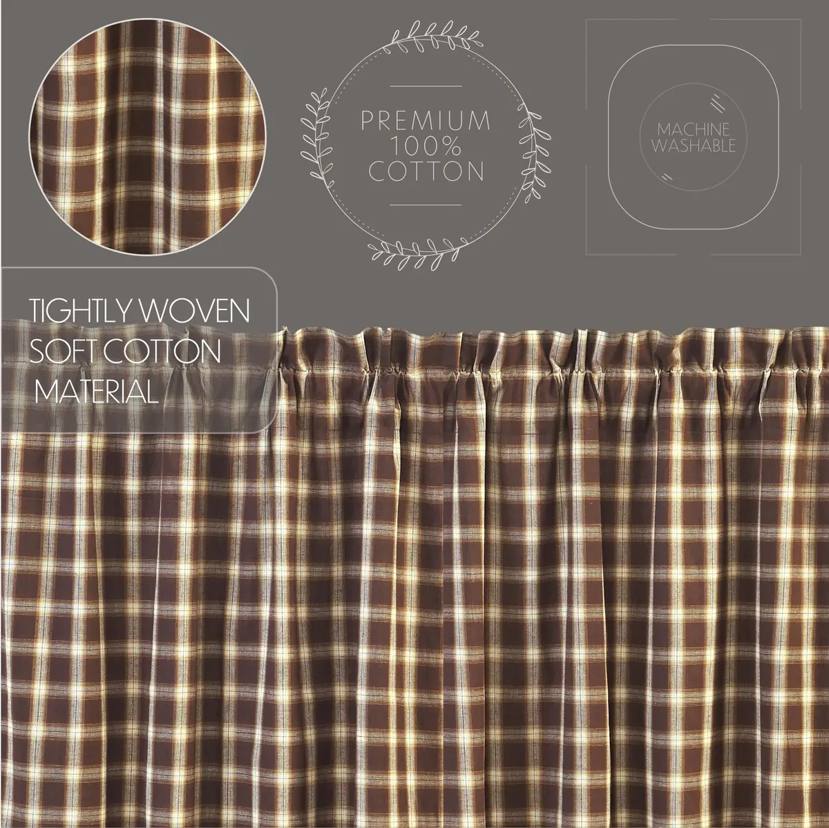 VHC Brands Rustic Kitchen Rory Rod Pocket Cotton Plaid Curtain, Balloon Valance 15x60, Brown | Cozy, Rustic Style with Light Filtering - view 4