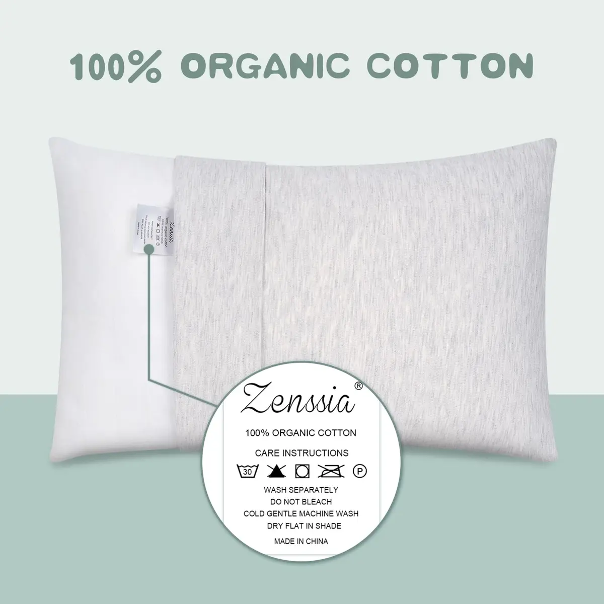 Zenssia Organic Cotton Toddler Pillow Case 13x18 Inches, 2 Pack, Gray | Soft & Breathable, Envelope Closure, Travel Size, Machine Washable, Perfect for Baby & Toddler - view 2