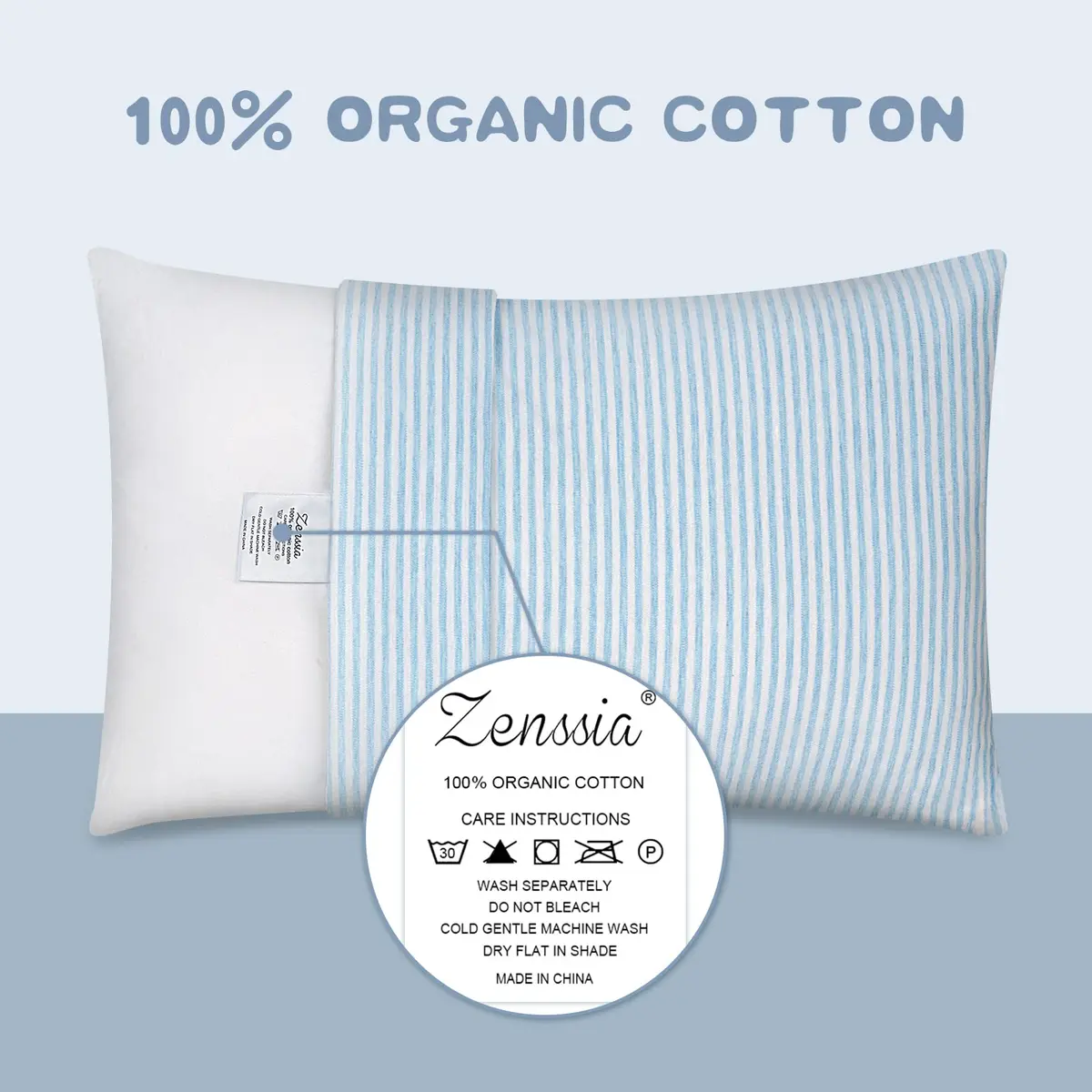Zenssia Organic Cotton Toddler Pillow Case 33x46 cm (13x18 Inches), 2 Pack Blue Stripe | Soft & Breathable Envelope Closure - view 2