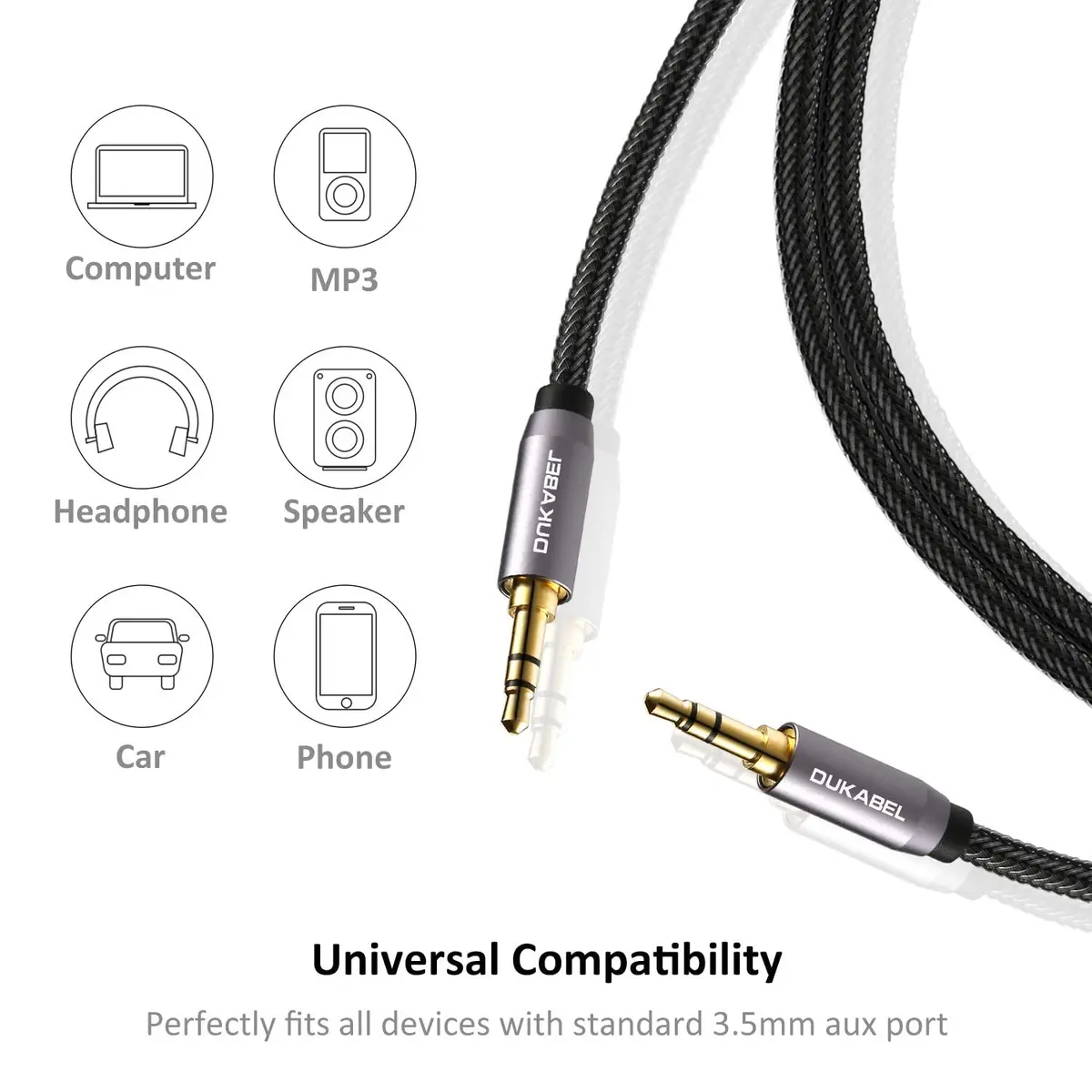 DUKABEL 8ft (2.4m) Aux Cable | Gold Plated 3.5mm Male to Male Stereo Audio Cable with Nylon Braided Jacket - view 5