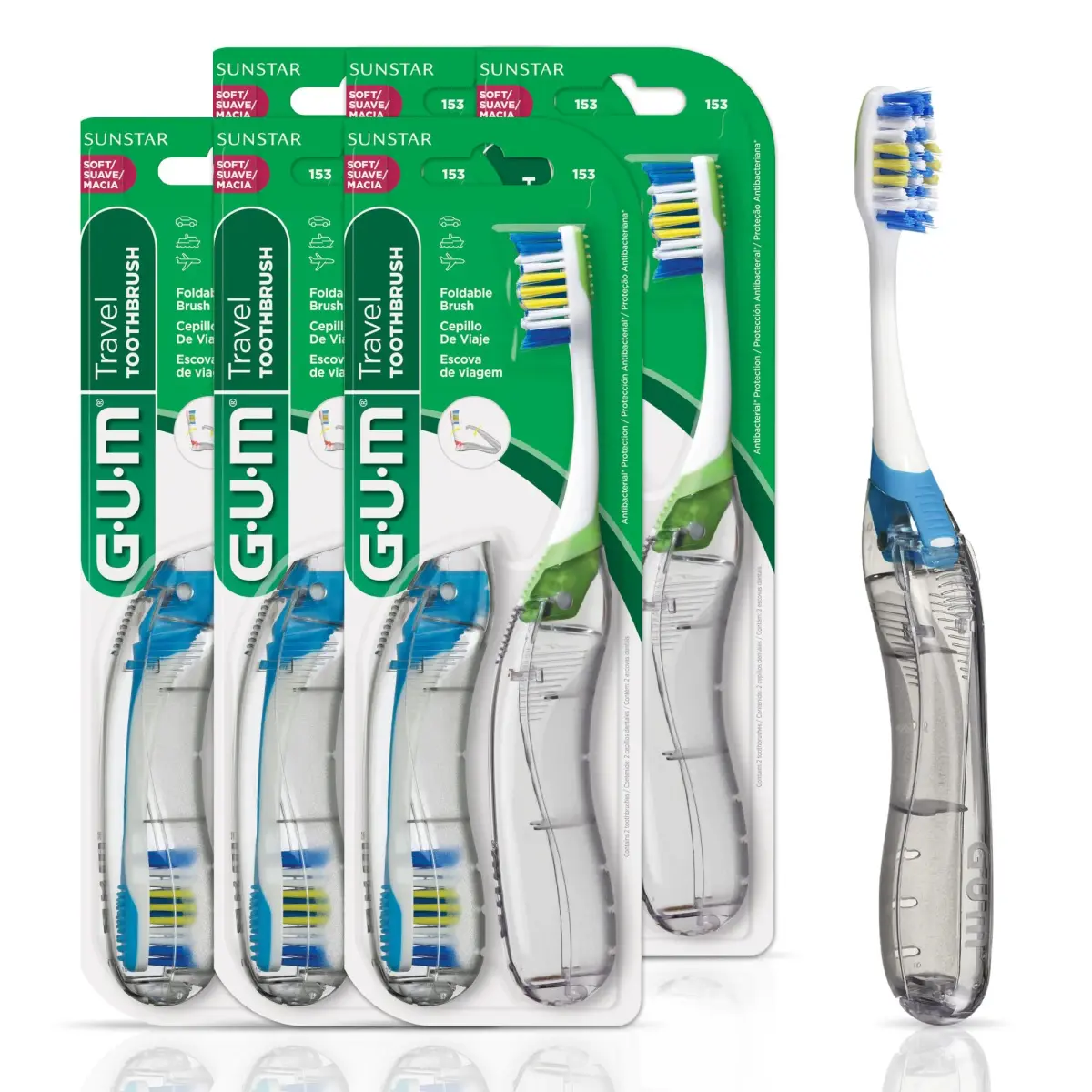 GUM Folding Travel Toothbrush 12 Count (Pack of 6) | Hygienic Tri-Fold Design with Tongue Cleaner - main product image