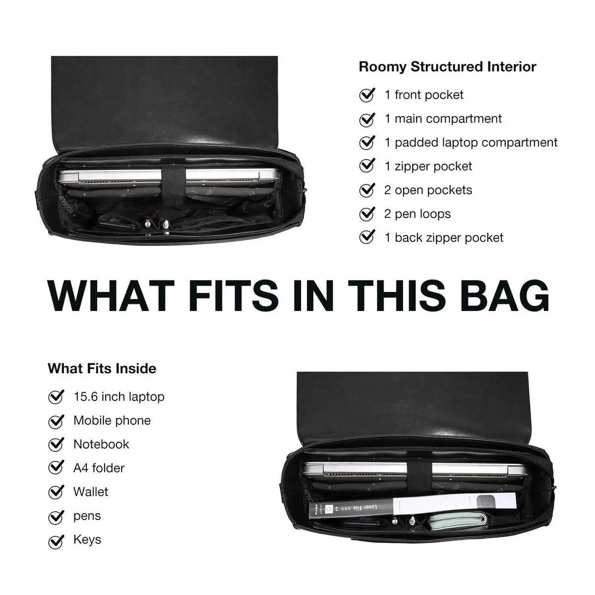 ECOSUSI Briefcase for Women Leather 15.6 inch | Elegant Vintage Business Bag with Laptop Compartment - view 4