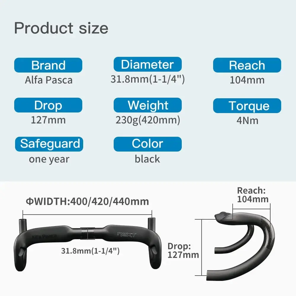 Alfa Pasca Carbon Fiber Road Bike Handlebars 31.8 x 420mm | UD Matte Aero Drop Bars - view 2