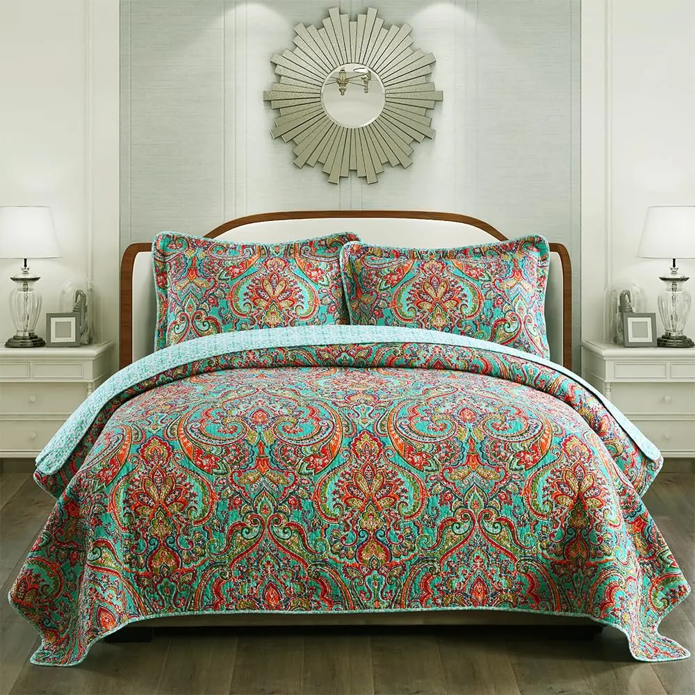 NEWLAKE Cotton Bedspread Quilt Sets-Reversible Patchwork Coverlet Set, European Gorgeous Floral Pattern, Twin Size - main product image