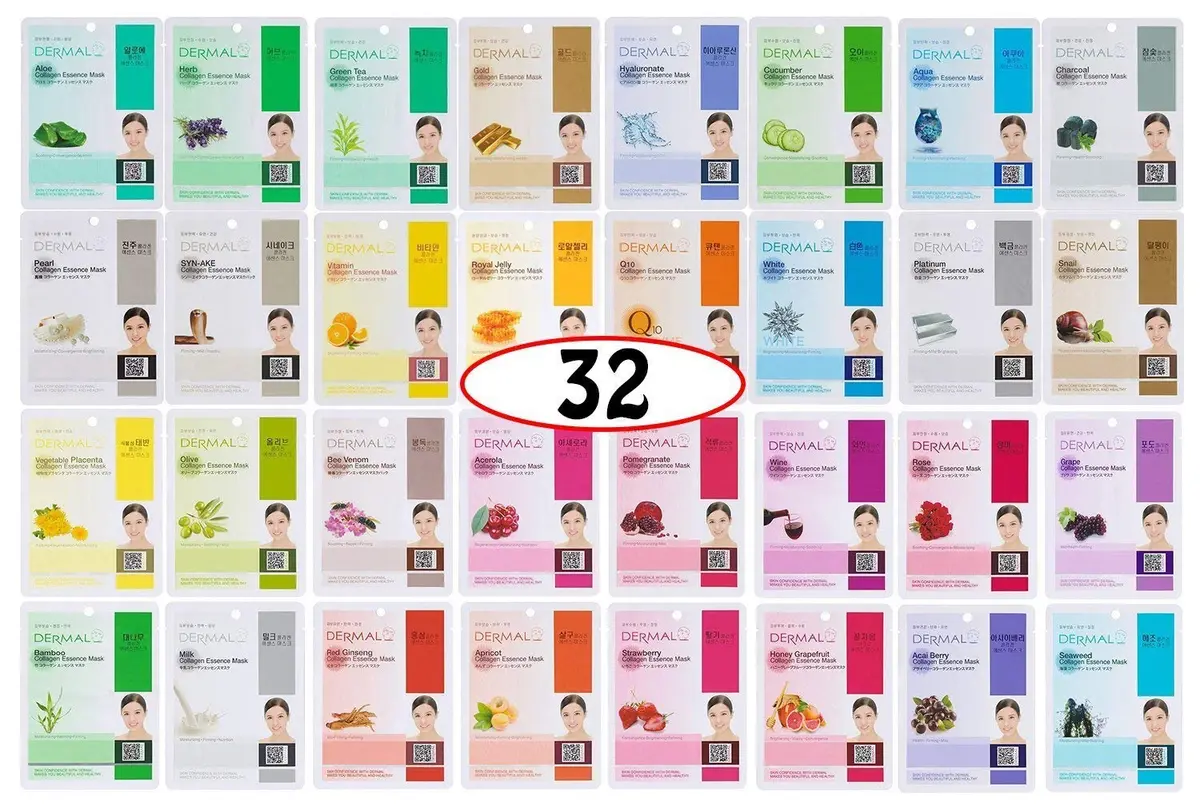 DERMAL 32 Collagen Korean Essence Sheet Mask Variety Pack, A+B Set (32 Count, 28.91ml Total) - main product image