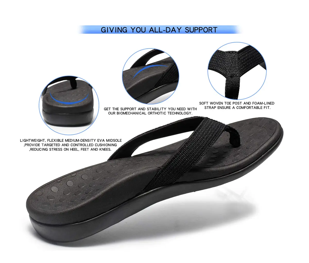 LLSOARSS Plantar Fasciitis Feet sandal with Arch Support | Orthotic Flip Flops for Flat Feet, Heel Pain (10 M US, Black) - view 2