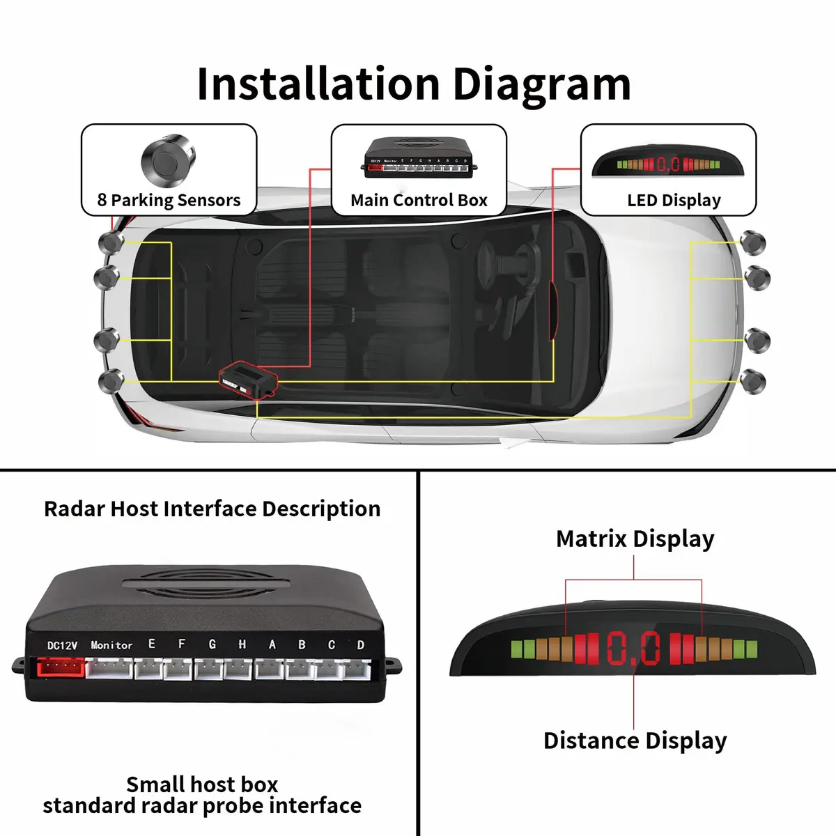 EKYLIN Car Reverse Parking Sensor System with 8 Ultrasonic Sensors, LED Display, Sound Warning, Gray - view 4
