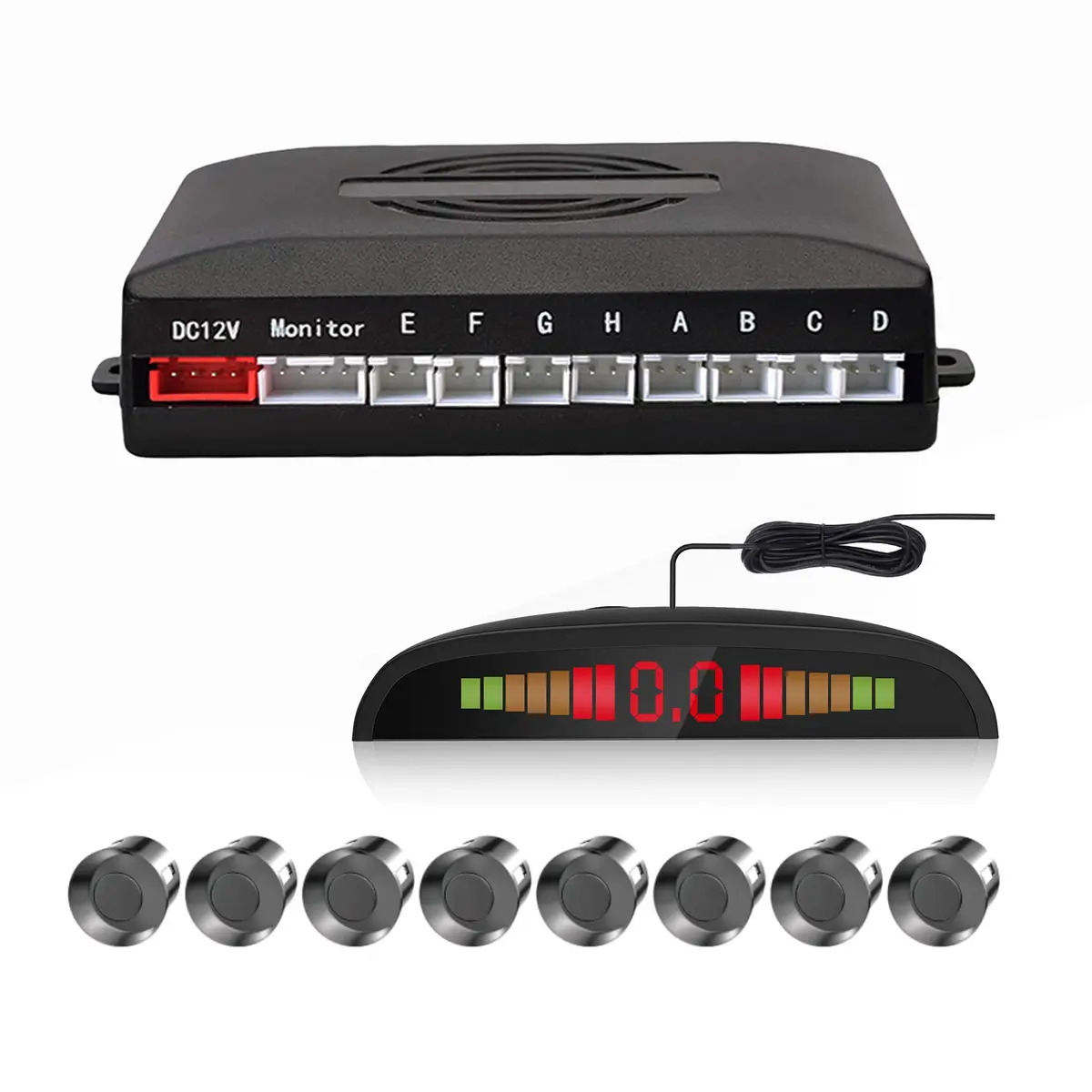 EKYLIN Car Reverse Parking Sensor System with 8 Ultrasonic Sensors, LED Display, Sound Warning, Gray - main product image