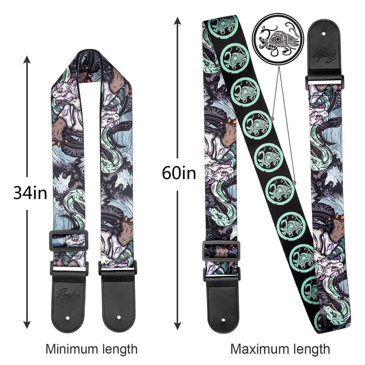 Rinastore Black Tortoise Guitar Strap 41-67" | Comfortable, Adjustable, Heavy-Duty Polyester - view 2