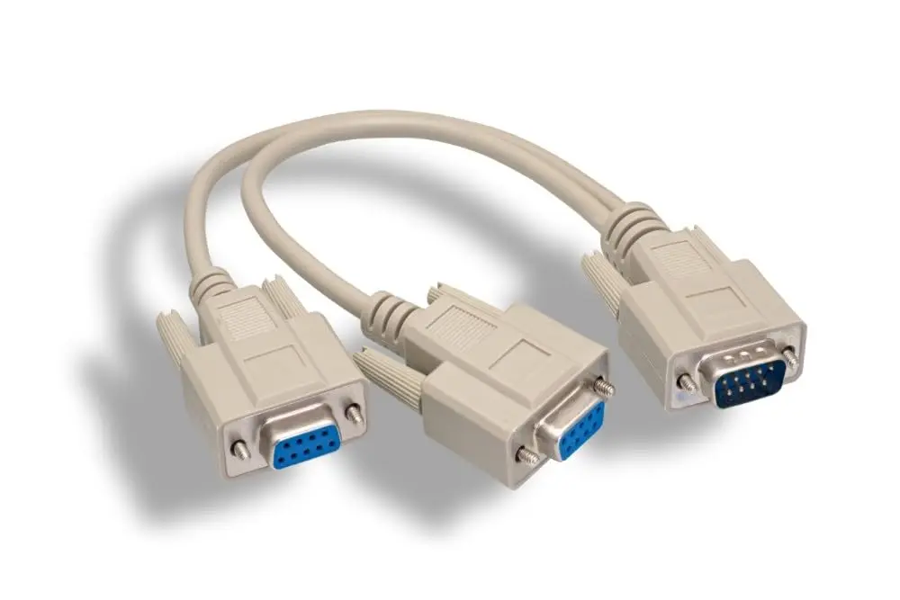 KENTEK 1 Feet RS-232 Serial Cable 9 Pin Male to 2X Female, EMI/RFI Shielded, Beige, 28 AWG, Data Connectivity - main product image