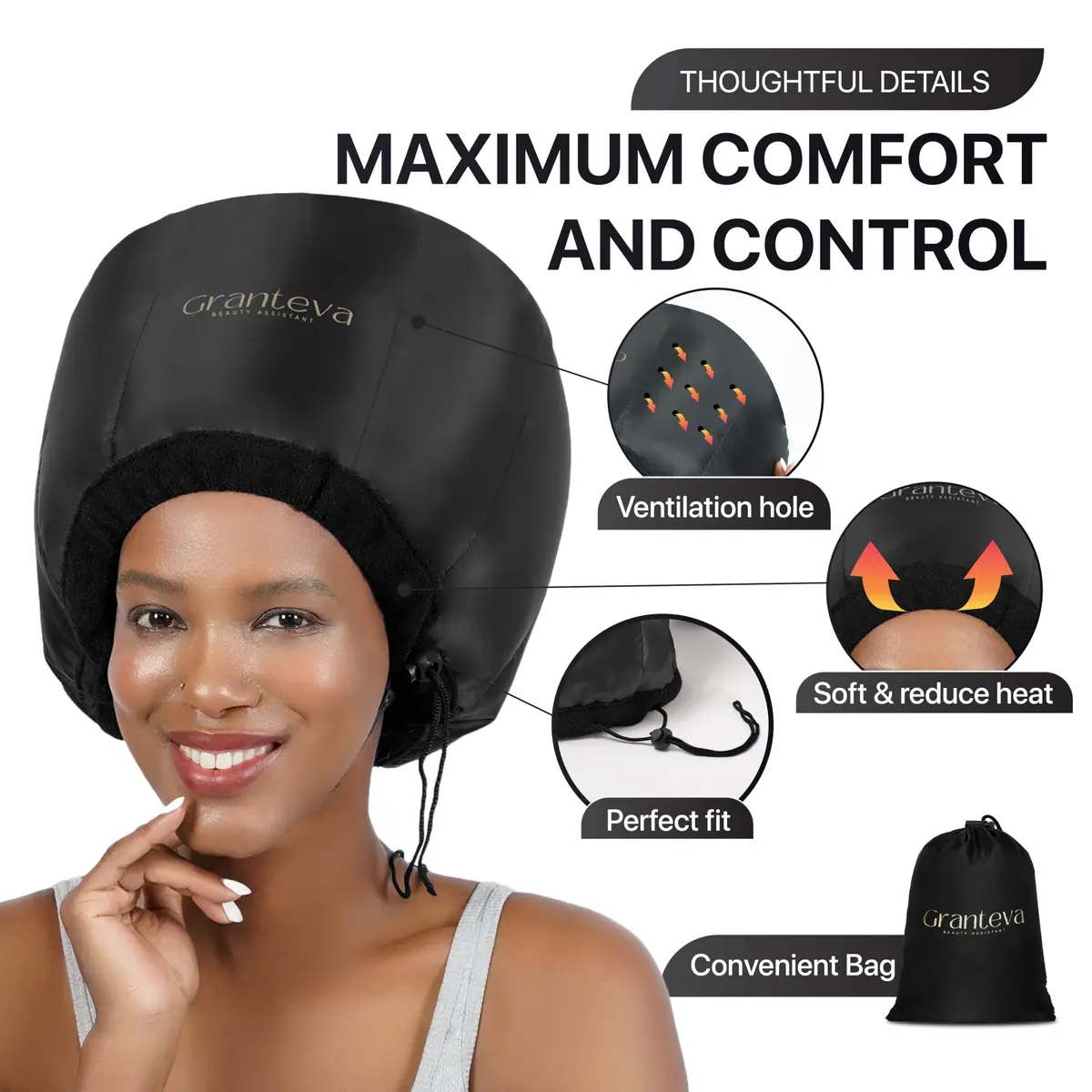 Granteva Large Hooded Hair Dryer Attachment with Headband for Curly Hair, Speeds Drying Time, Deep Conditioning At Home - view 2