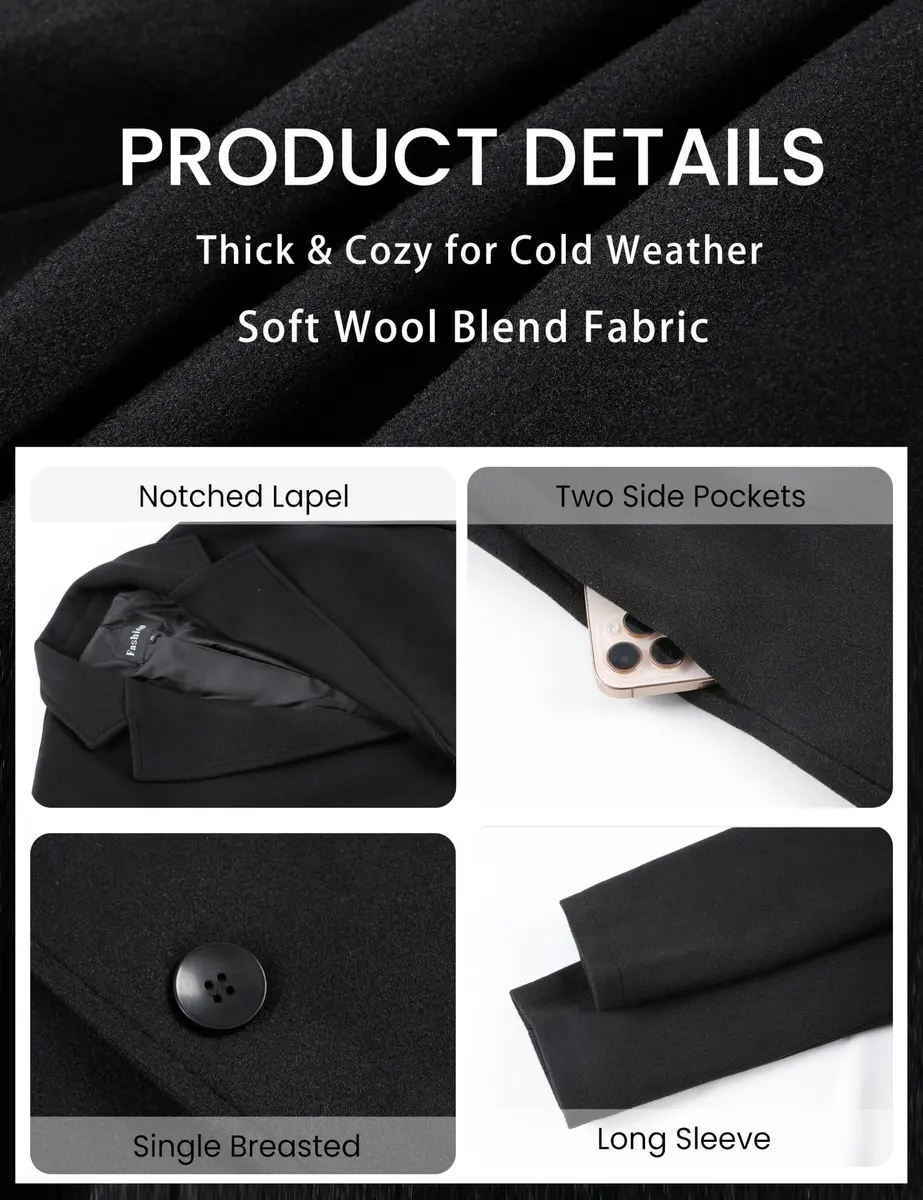 Springrain Wool Blend Pea Coat Slim Fit Black XS | Classic Winter Overcoat - view 6