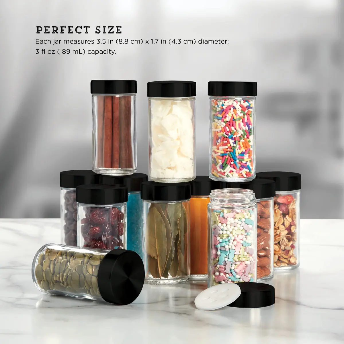 Kamenstein 12-Piece Empty Glass Spice Jar Set Black Lids 3 oz | Clear, Airtight, Versatile Kitchen Storage - view 6