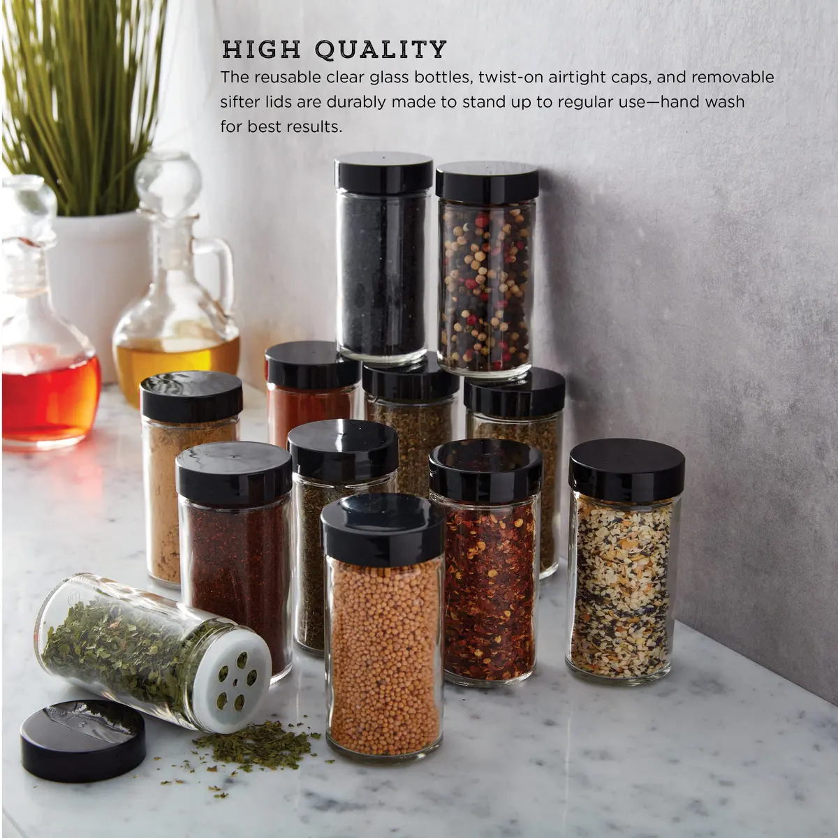 Kamenstein 12-Piece Empty Glass Spice Jar Set Black Lids 3 oz | Clear, Airtight, Versatile Kitchen Storage - view 7