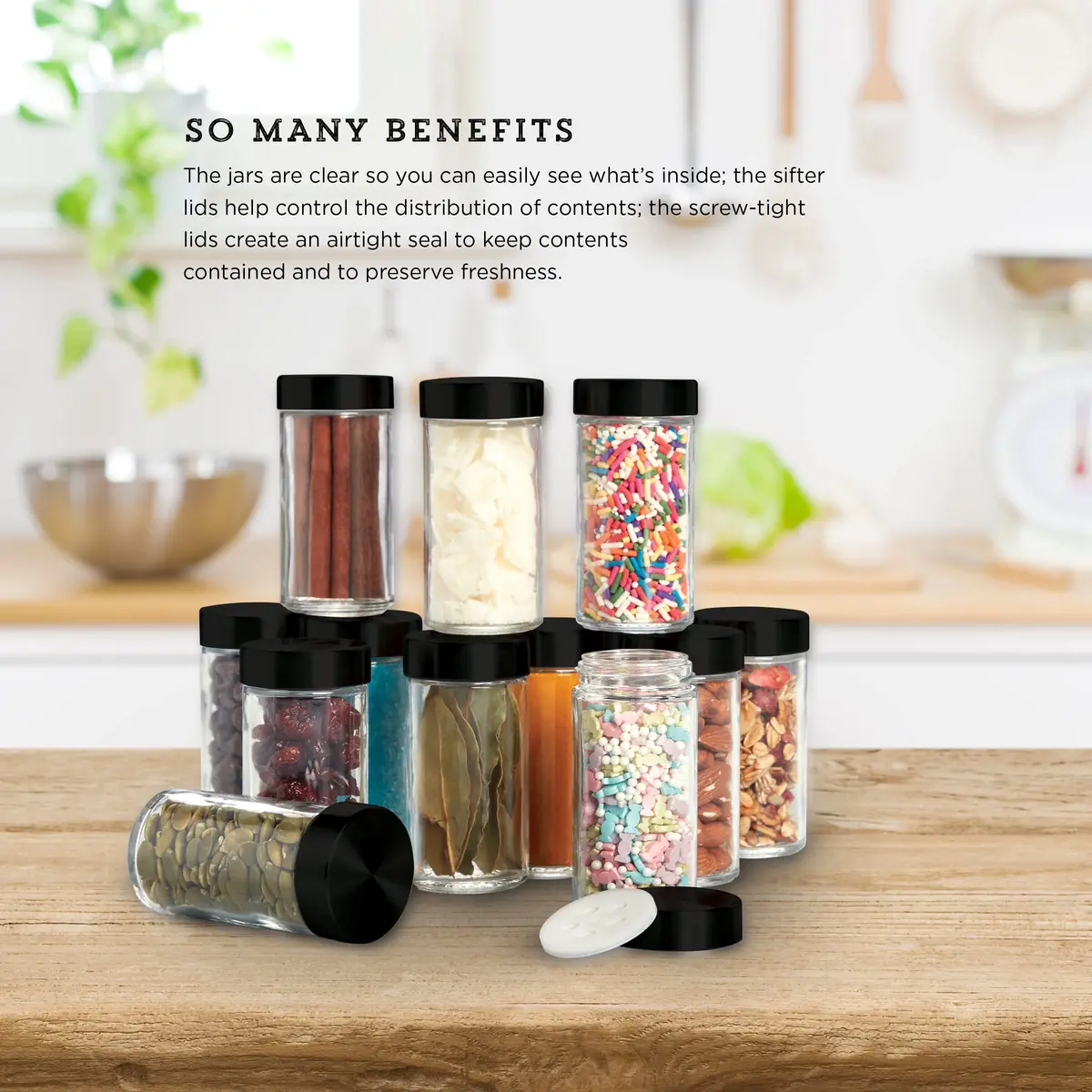 Kamenstein 12-Piece Empty Glass Spice Jar Set Black Lids 3 oz | Clear, Airtight, Versatile Kitchen Storage - view 2