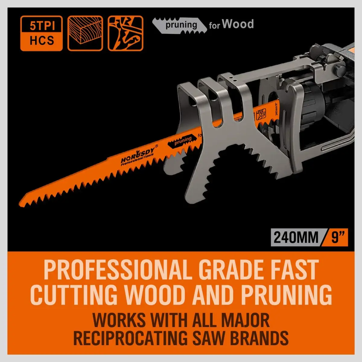 HORUSDY 9-Inch Wood Pruning Reciprocating Saw Blades, 5 TPI, 5-Pack | Fast Cutting Green Wood & Branches - view 3