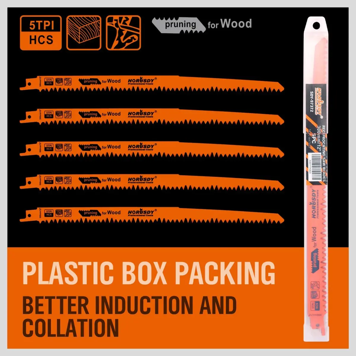 HORUSDY 12-Inch Wood Pruning Reciprocating Saw Blades, 5 TPI HCS Carbon Steel, 5-Pack | Fast Cutting Green Wood & Plastic - view 6