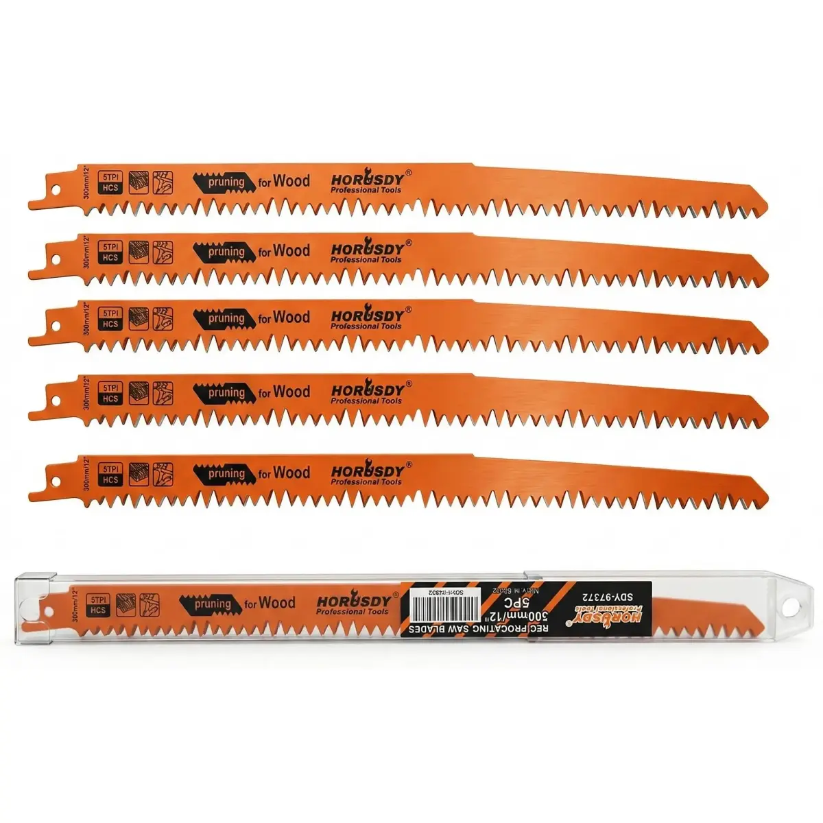 HORUSDY 12-Inch Wood Pruning Reciprocating Saw Blades, 5 TPI HCS Carbon Steel, 5-Pack | Fast Cutting Green Wood & Plastic - main product image